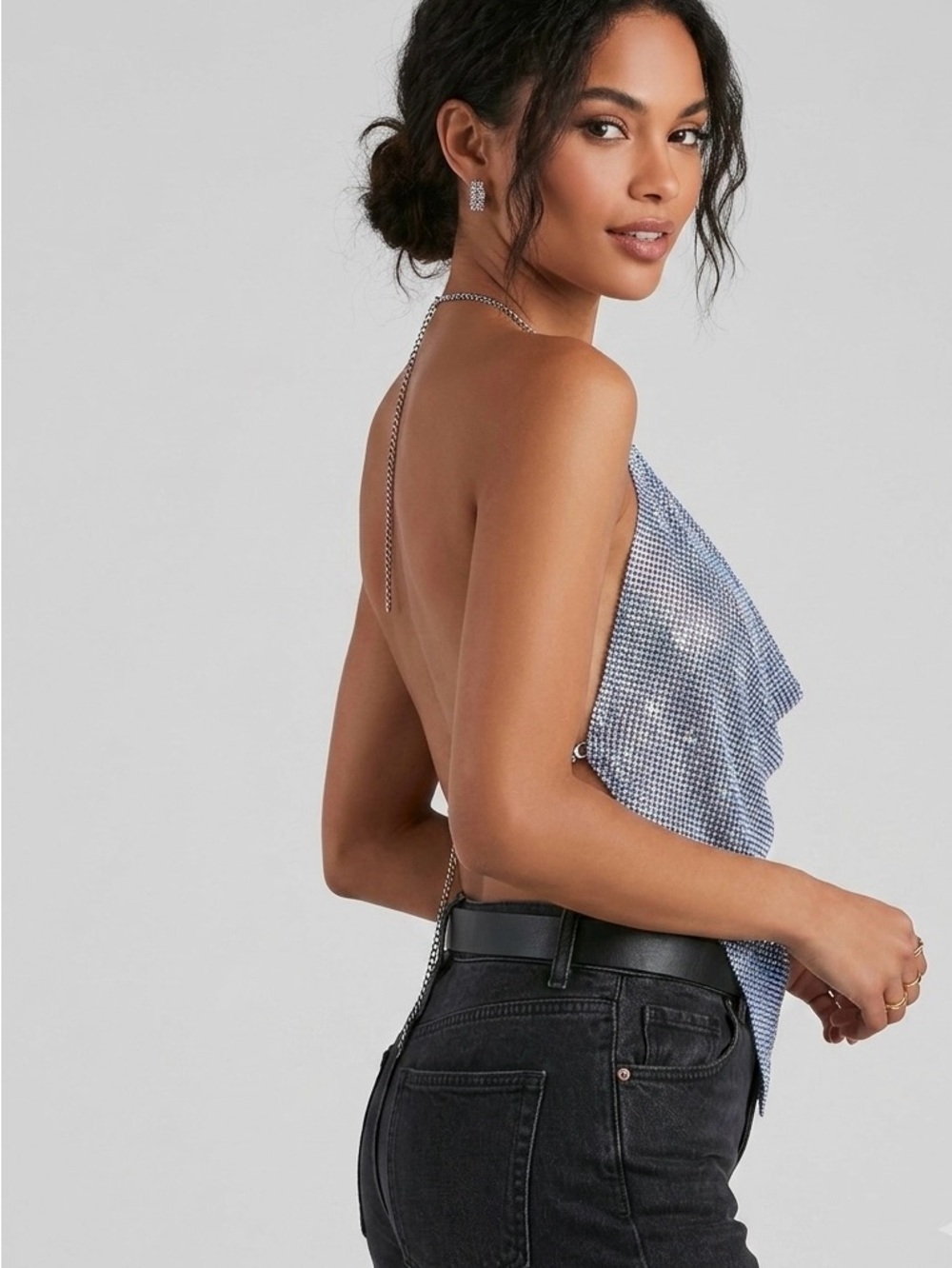 House of Harlow 1960 Rhinestone Halter Top Metallic Chainmail Cowl Neck Cami - Picture 2 of 7